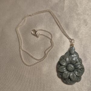 Silver Jadeite Floral Pendant Necklace